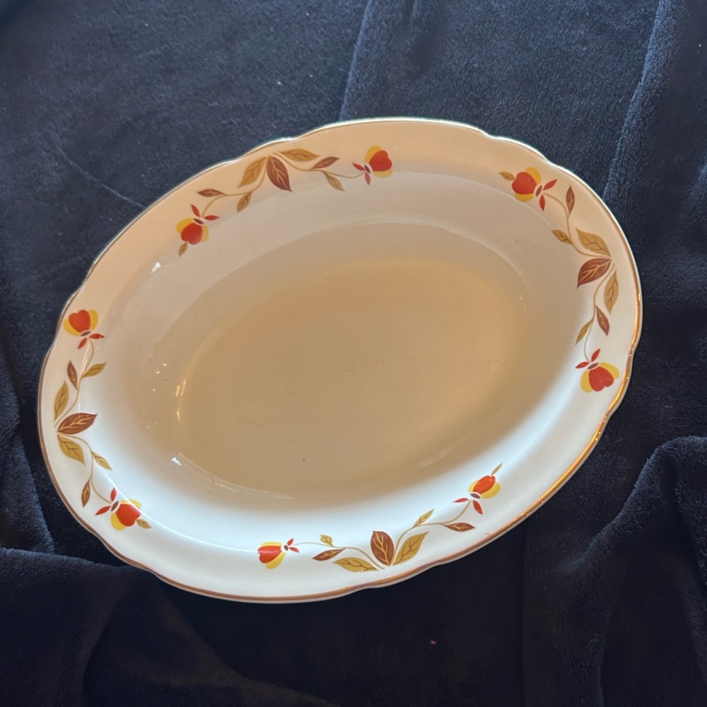 Vintage Hall Jewel Tea Cream Oval Serving Platter with Fall Leaf Design